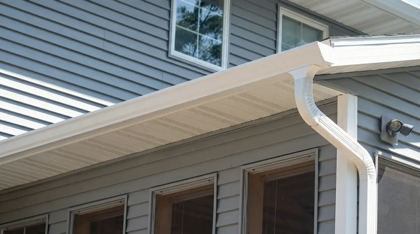 Professional home remodeling project showing newly installed white seamless gutters and downspouts on a house with gray siding in Cincinnati, OH