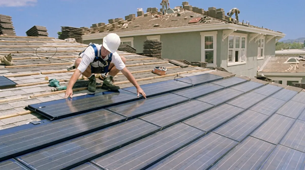 Roof replacement expert installing modern solar shingles on a residential home in Cincinnati, OH