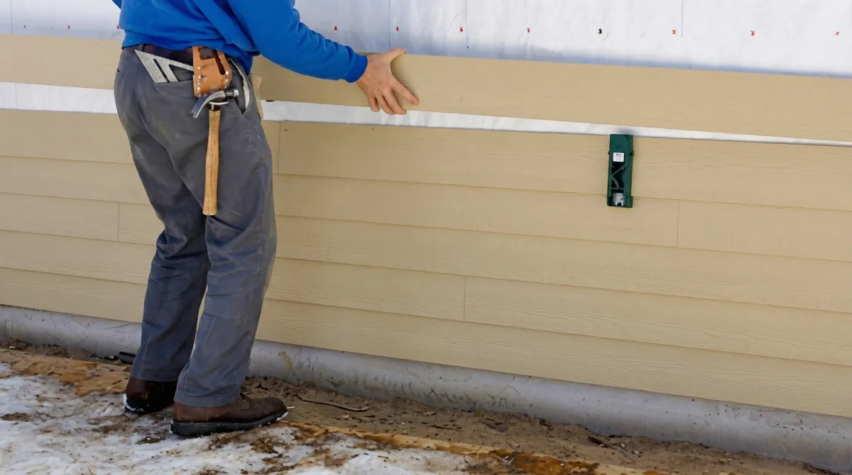 Siding replacement expert carefully aligning a new tan siding panel onto a residential exterior wall in Cincinnati, OH