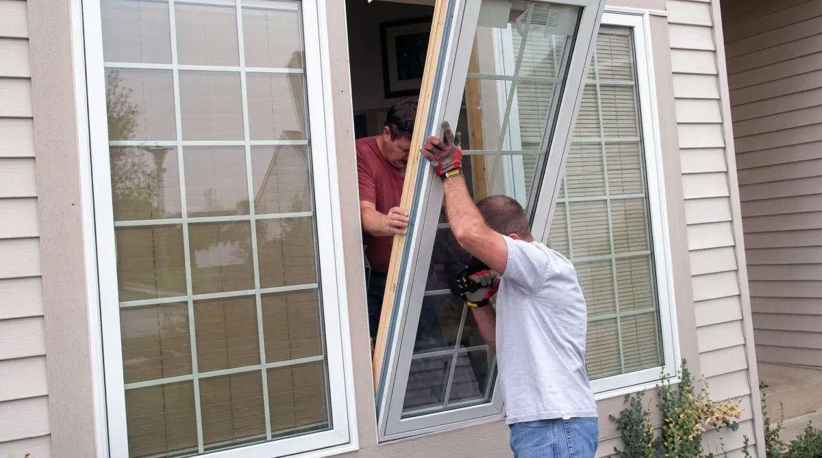 Professional home remodeling team installing a large replacement window on a house with tan siding in Cincinnati, OH